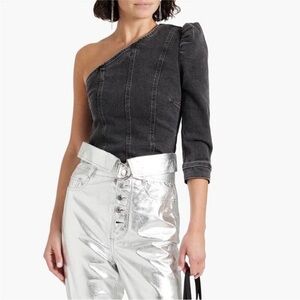 NEW Retrofete Moira One Sleeve Asymmetrical Denim Grey Black Puff Jean Top